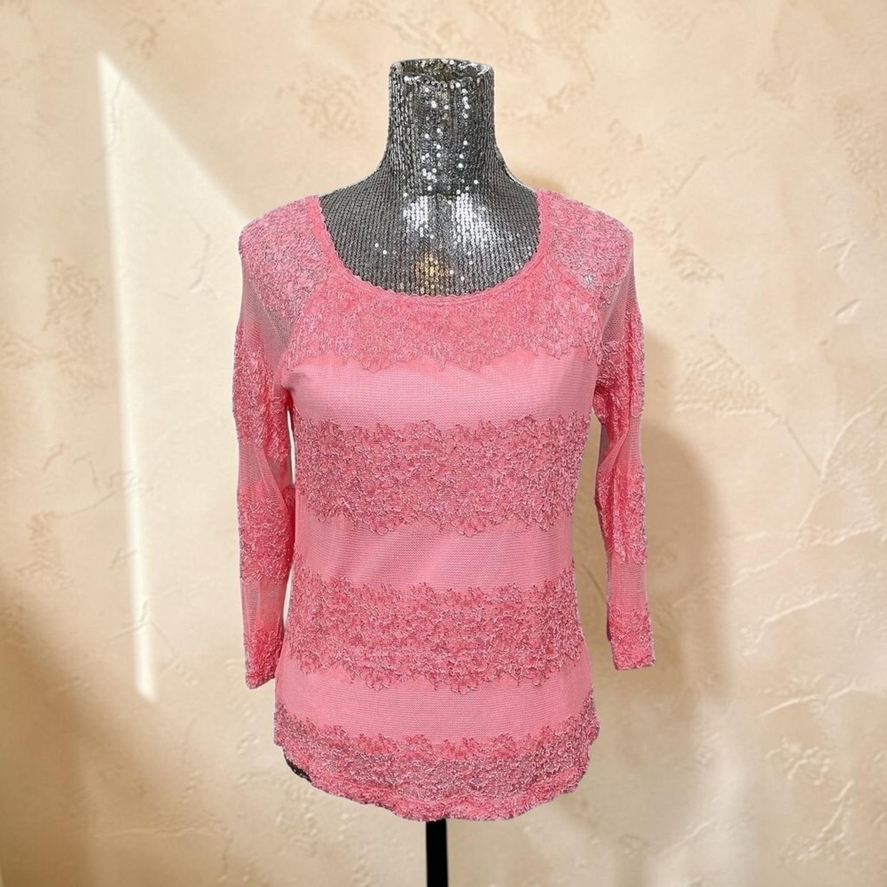 Vintage Y2K Fashion Bug Mesh Lace Sheer Sleeve Stretch Pink Top Romantic Large